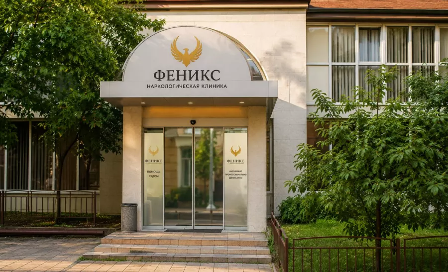 Вход в наркологическую клинику «Феникс» в Трёхгорном